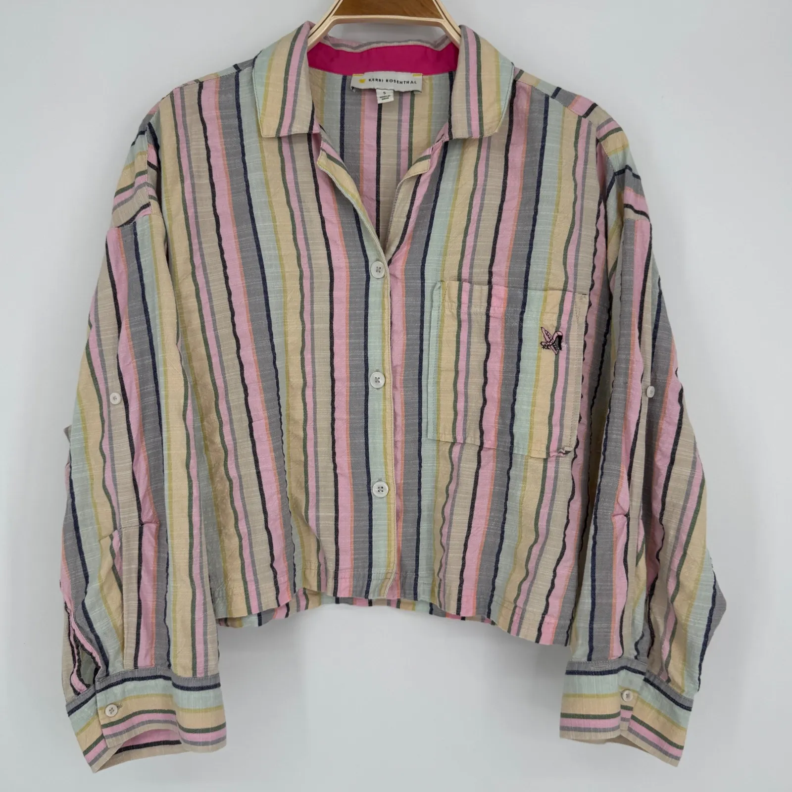 Kerri Rosenthal Sherri Stripe Shirt Small Multicolor Cotton Button Down Heart Pink - Image 5