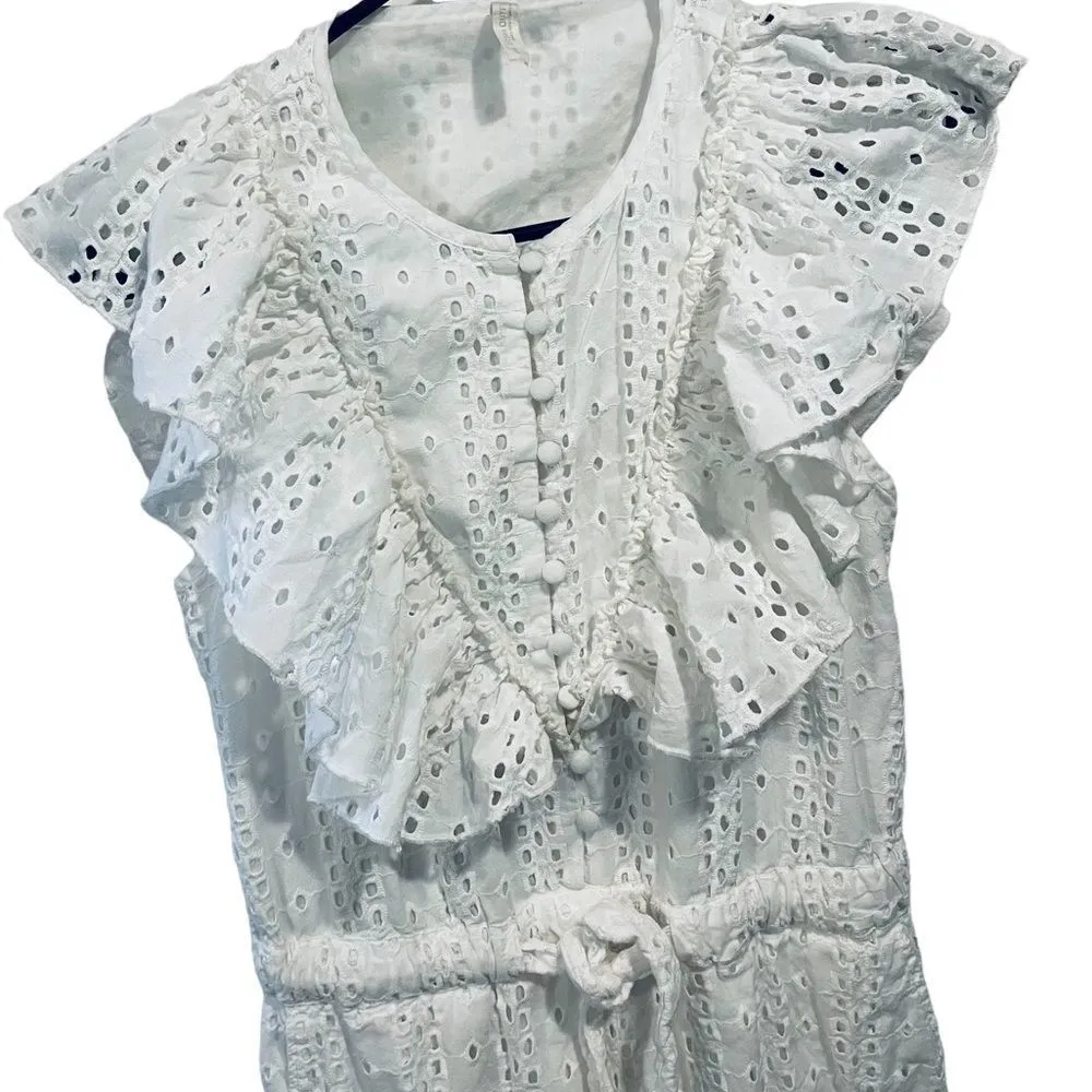 Urban Outfitters White Magnolia Eyelet Button Up Sleeveless Ruffle Jumpsuit - Image 3