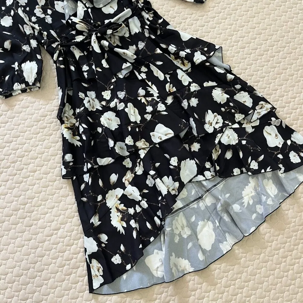 NWOT Alice+Olivia Kye Ruffle Floral Print Crepe Midi Dress 10 Lined Knee length - Image 4