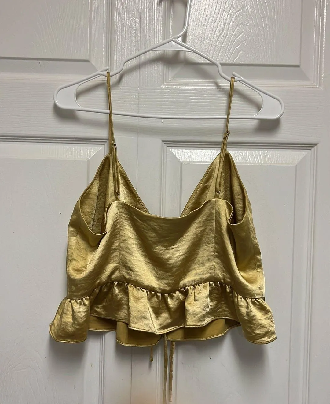 LPA Chartreuse Green Satin Front Tie Ruffle Hem Bardot - Image 9