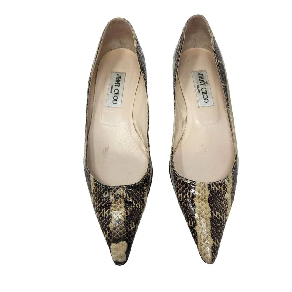 Jimmy Choo Snakeskin Embossed Leather Amelia Low Pumps Pointed Toe Kitten Heels - Image 3