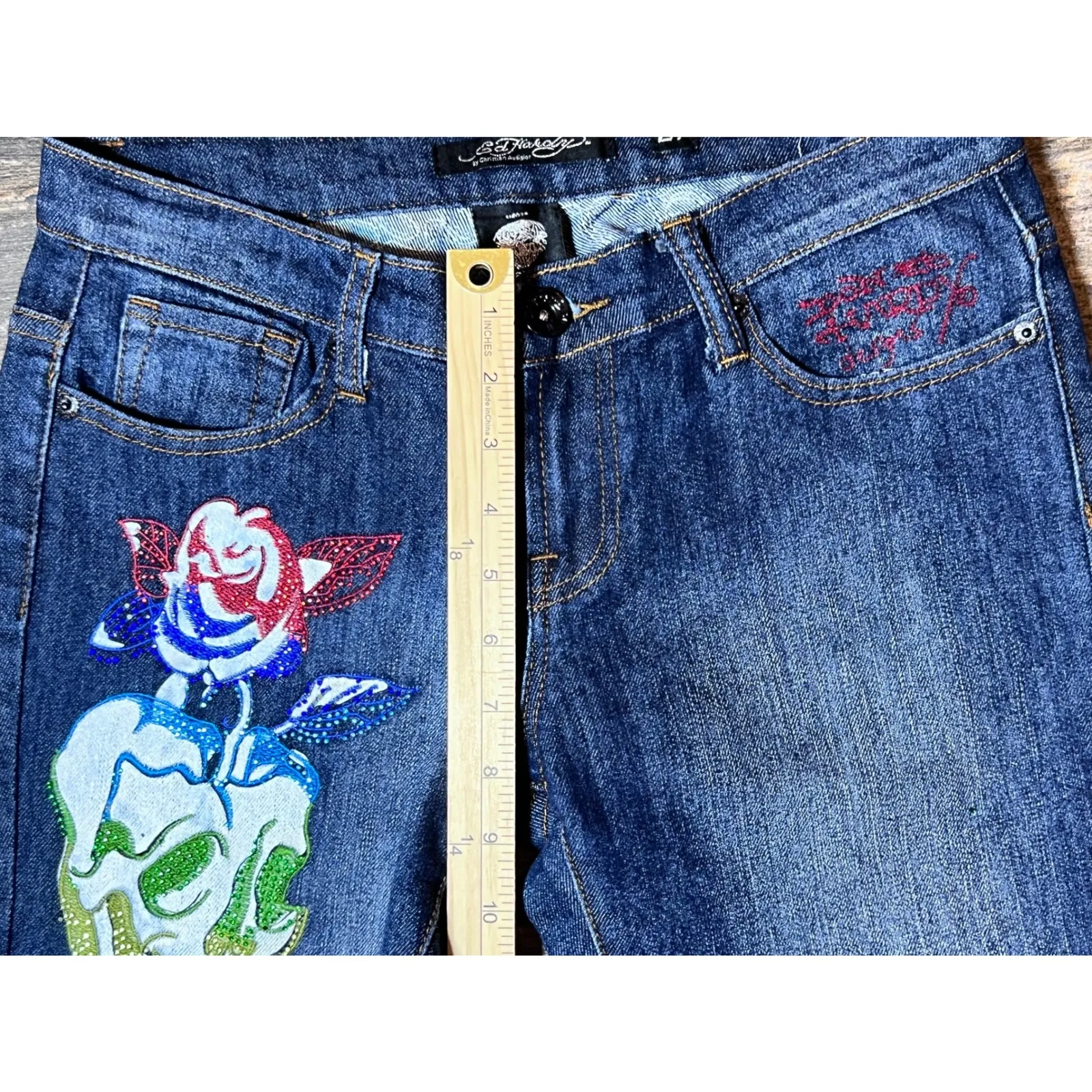 Vintage Ed Hardy Jeans SZ 27 Rhinestone‎ Skull Rose Embellished Denim Grunge Y2K - Image 5