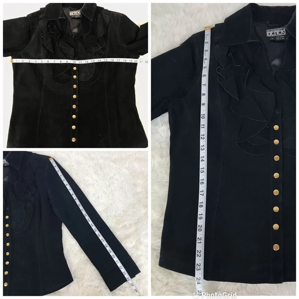 VINTAGE Berek Black Suede Leather Jacket Ruffle Neckline Button Front Size Large - Image 15