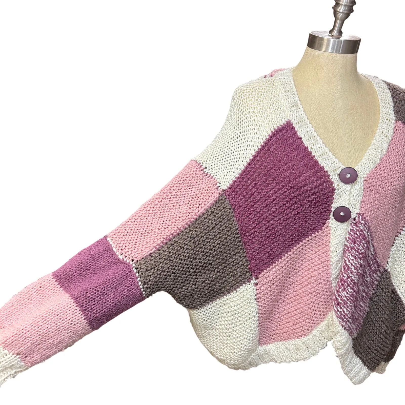 Handmade M/L Oversized Cardigan Pink Knit Cozy Boho Patchwork Artsy Grandma Y2K Purple Size L - Image 3