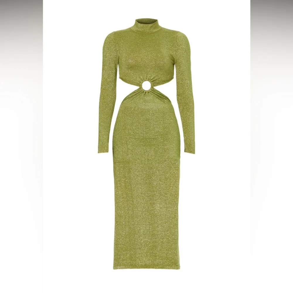 Ronny Kobo Chryssa Stretchy Cut Outs Midi Dress Mock Neck Metallic Green Gold XL - Image 3