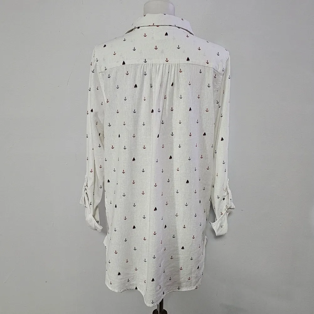 Sigrid Olsen White Anchor Print Roll Tab Linen Blend Tunic Size Medium - Image 4