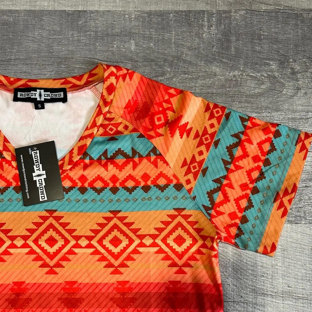Howdy Crowd Womens S NEW Stockyards Sunset Top Short Sleeve Aztec Southwestern - Image 3