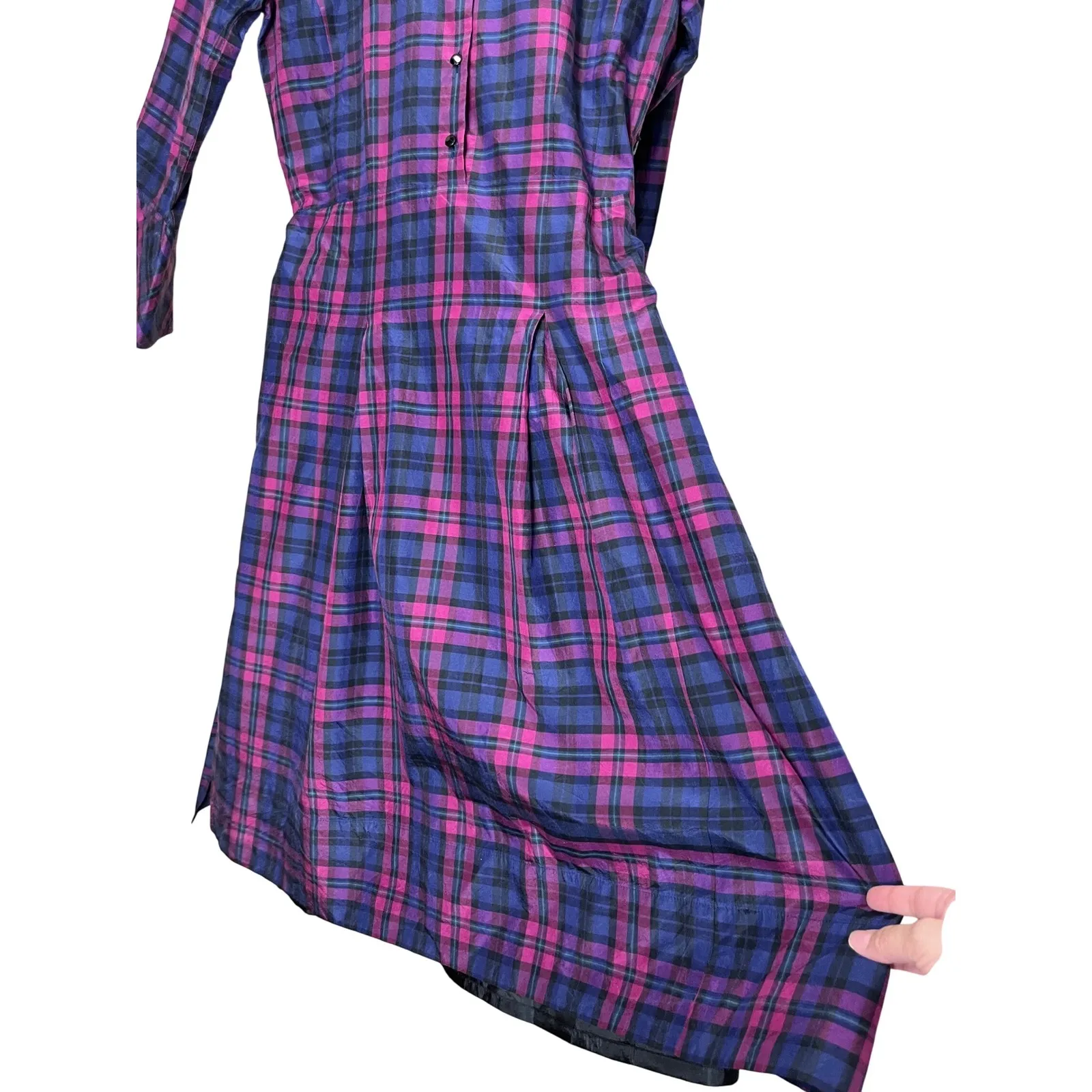 TALBOTS Women's Silk Blend Plaid Shirt Dress Belted Long Sleeve Size 2 - Image 3