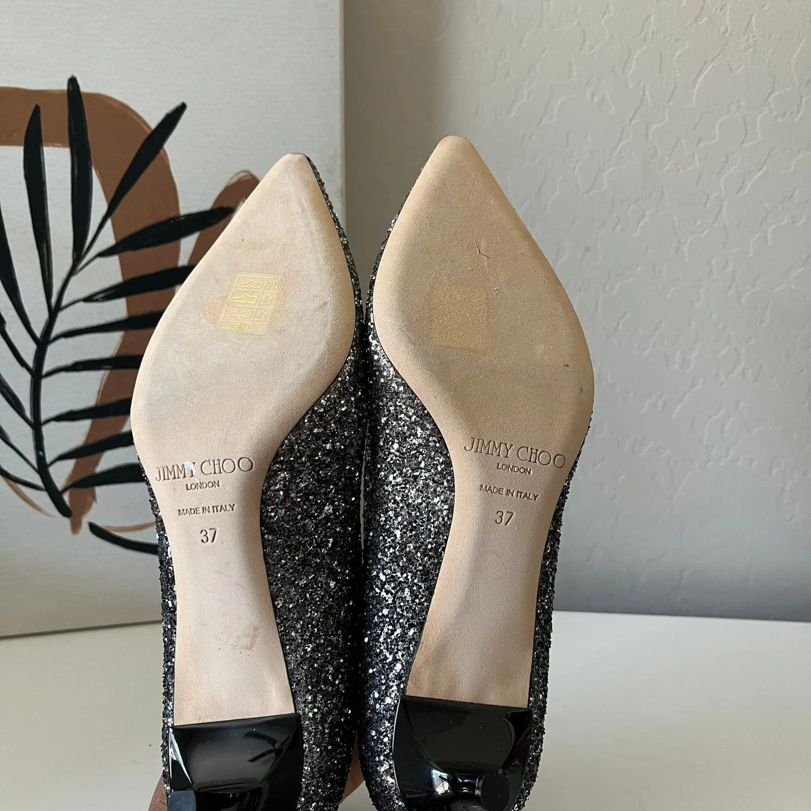 Jimmy Choo Romy Silver Glitter Pointed Toe Slip On Kitten Heel Pumps Size 37 - Image 8