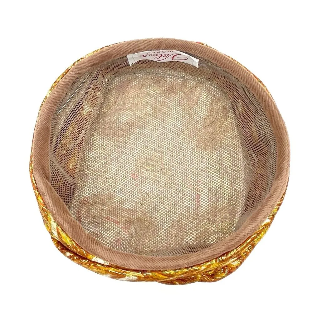 Vintage Valerie Modes Draped Turban Pillbox Hat – Metallic Gold & Bronze Brocade Brown - Image 10