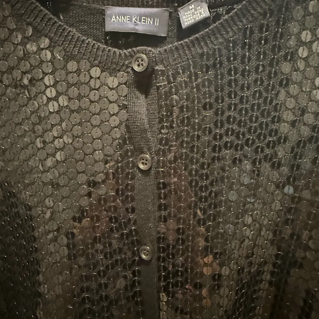 Anne Klein Black Sequin Button-Up Sweater size M - Image 2