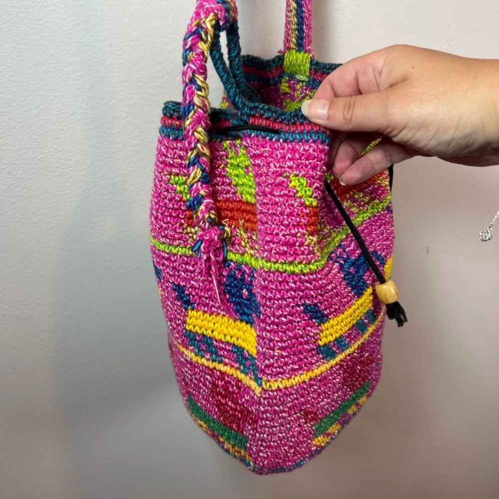 Wayuu Woven Bucket Bag Purse Pink Yellow Wood Bead Animal Print Cinch Close Boho - Image 9