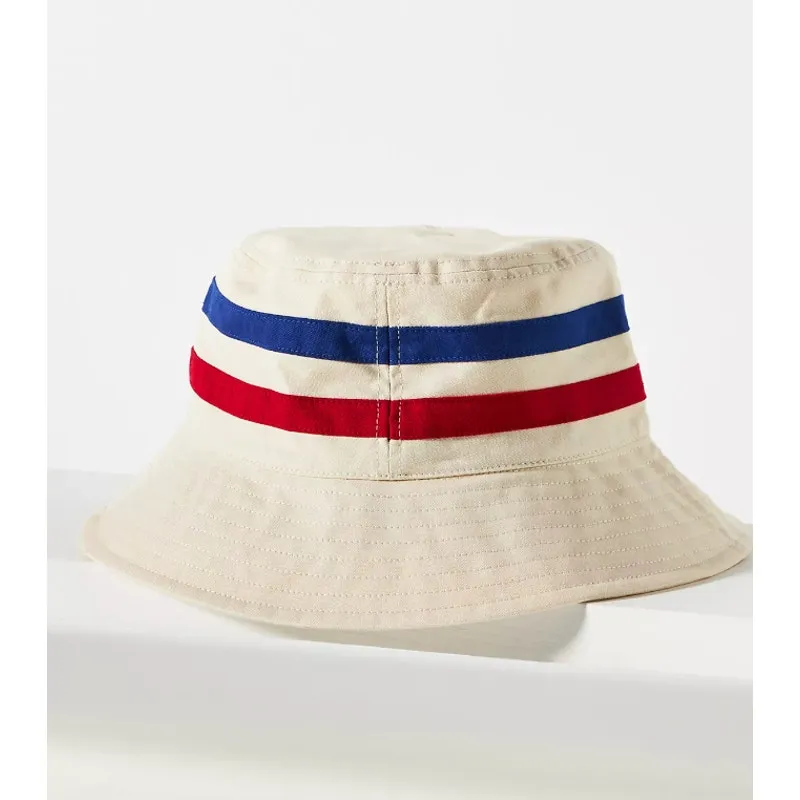 Anthropologie Hat Bucket Womens One‎ Size Beige Blue Red Striped Cotton - Image 2