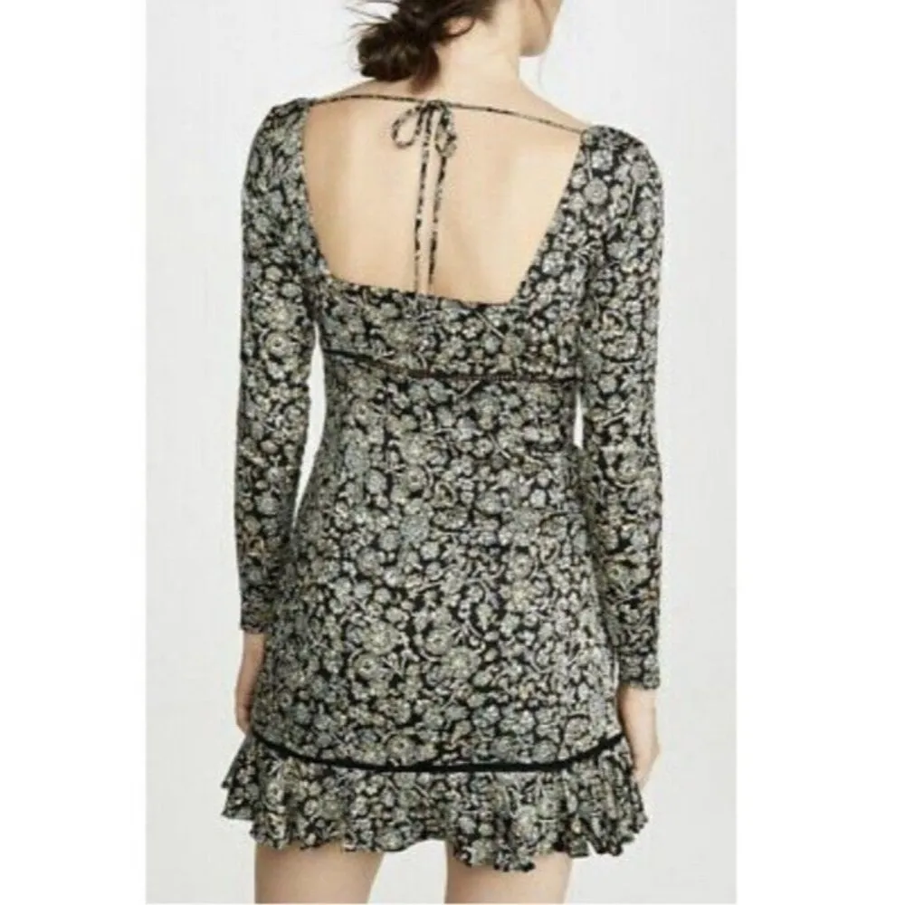 Boheme Mini Dress Floral Print Square Neck Ruffle Hem Black Size 2 - Image 2