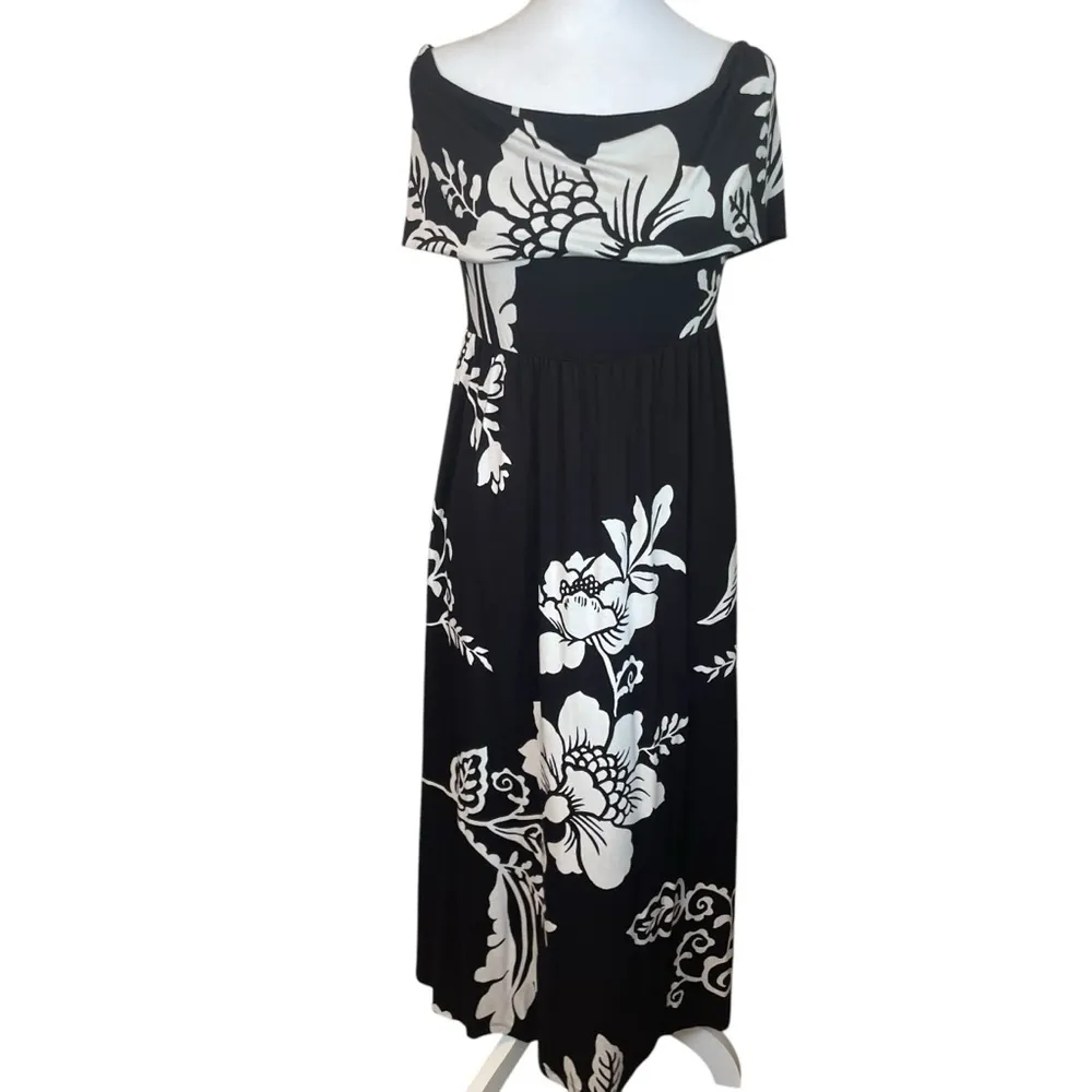 Soma‎ Soft Jersey Off The Shoulder Midi Bra Dress Black White Floral XS/SM EUC - Image 4