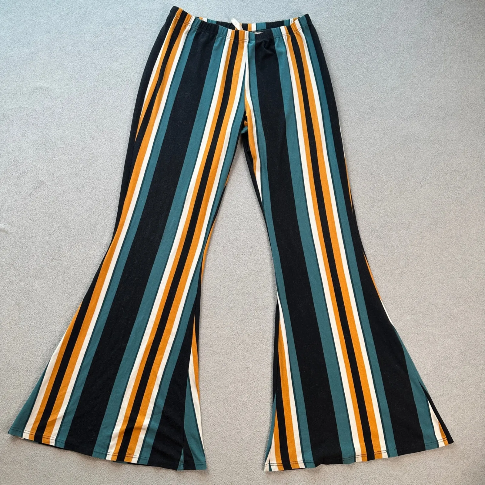 Womens Striped Flare Bell Bottom Pants 27x31 Elastic Stretch Waist Retro Boho Black - Image 4