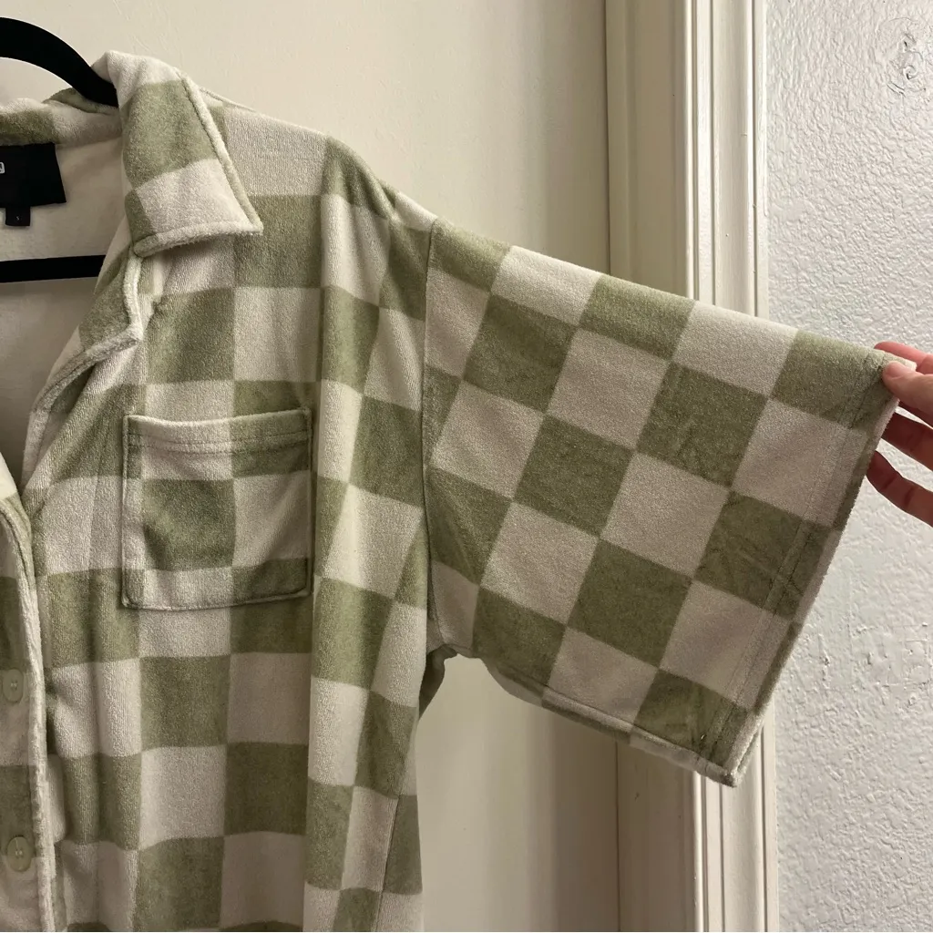 ONA Checker Terry Oversized Button Down Greyed Olive Small - Image 9