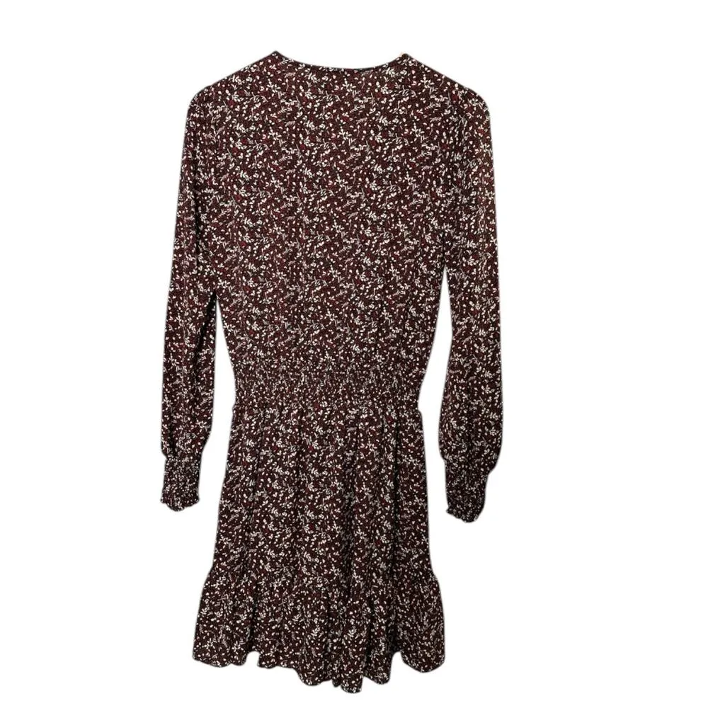 MK Micheal Kors Maroon Print Long Sleeve V Neck Fit & Flare Dress Women's Small - Image 6