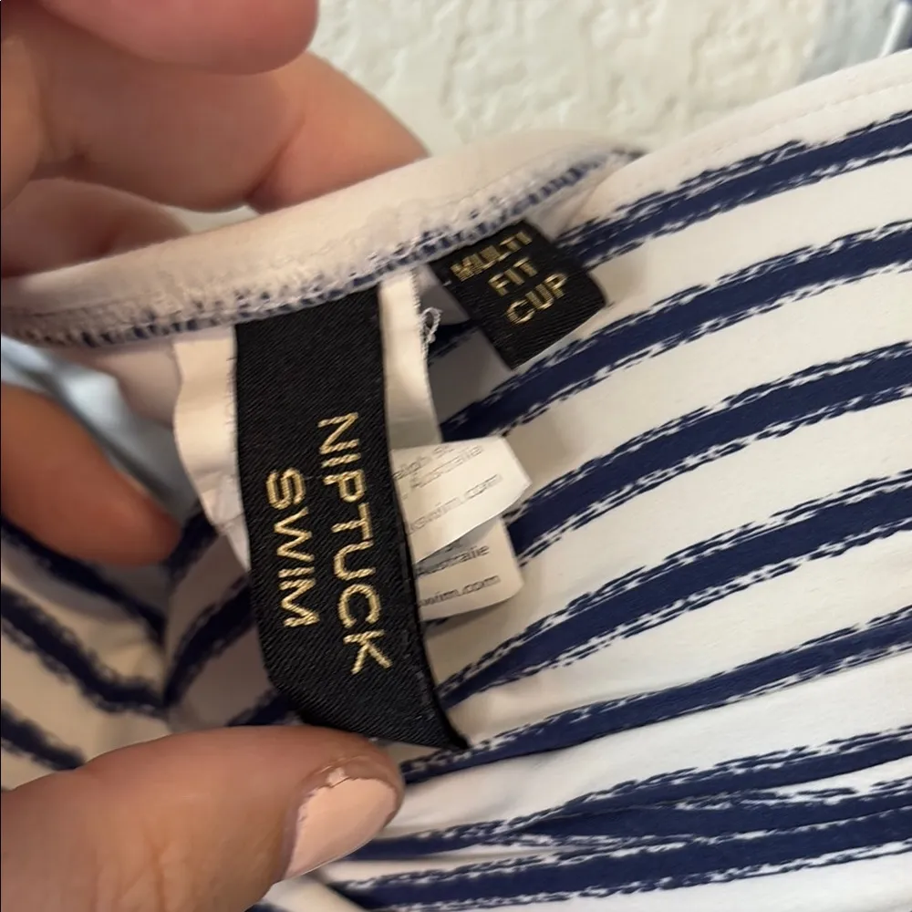 Elegant navy blue and White Striped One Piece Swimsuit Nip tuck size 8 - Image 2