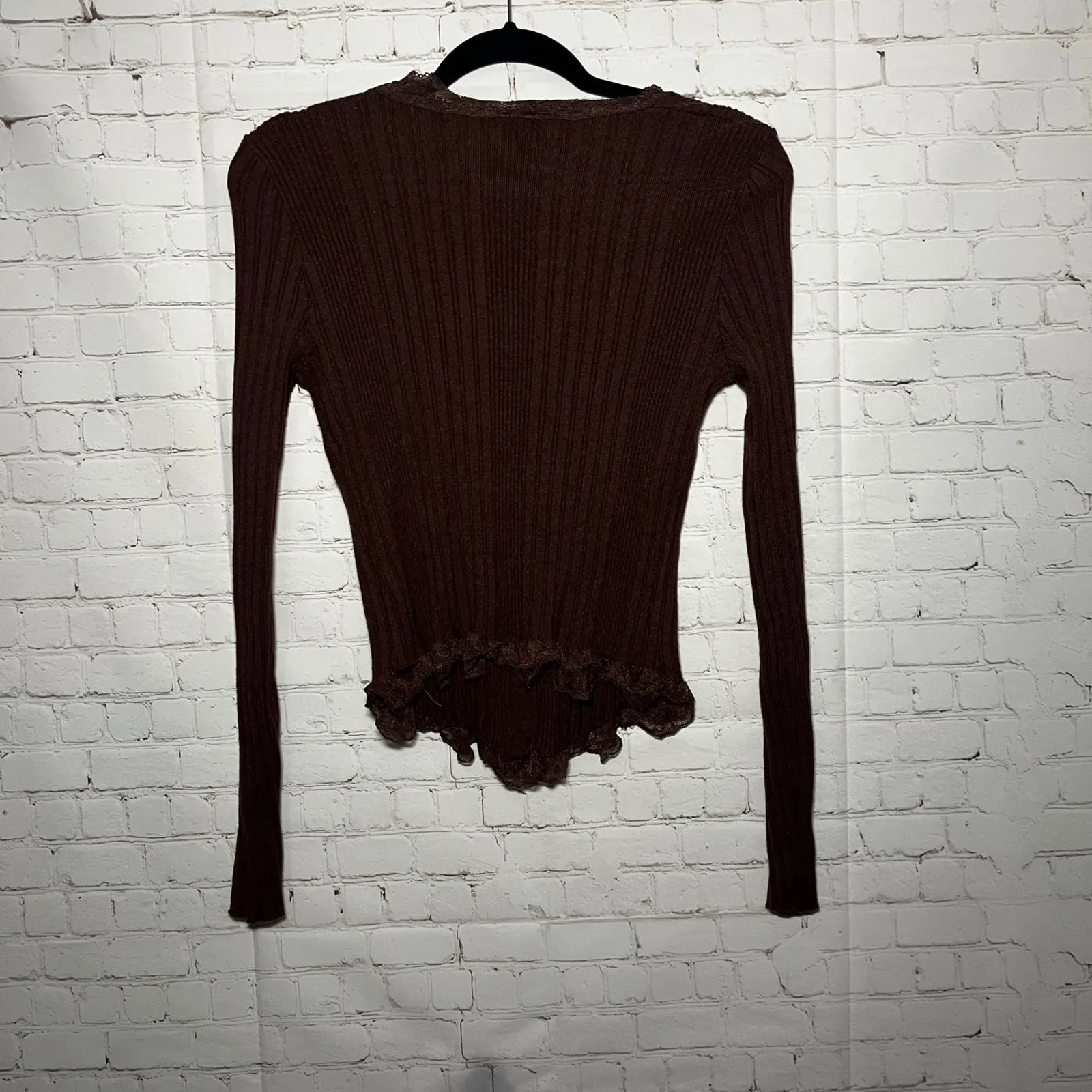 West of Melrose Chocolate Brown Ribbed Lace Trim Button UpCardigan Sweater Sz SM - Image 4