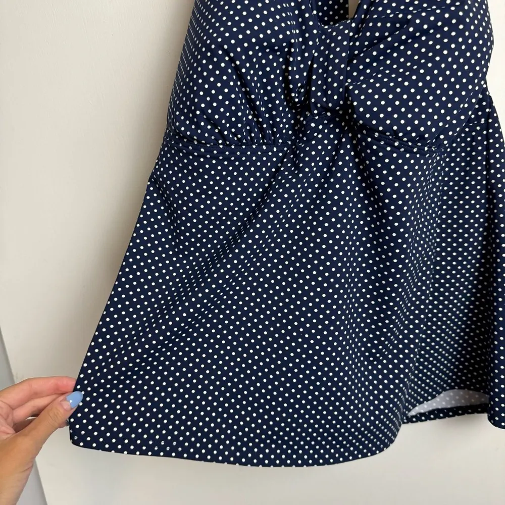 Land’s End Womens Tankini Halter Swim Top Sz 18D Polka Dot Print Navy Blue White - Image 7