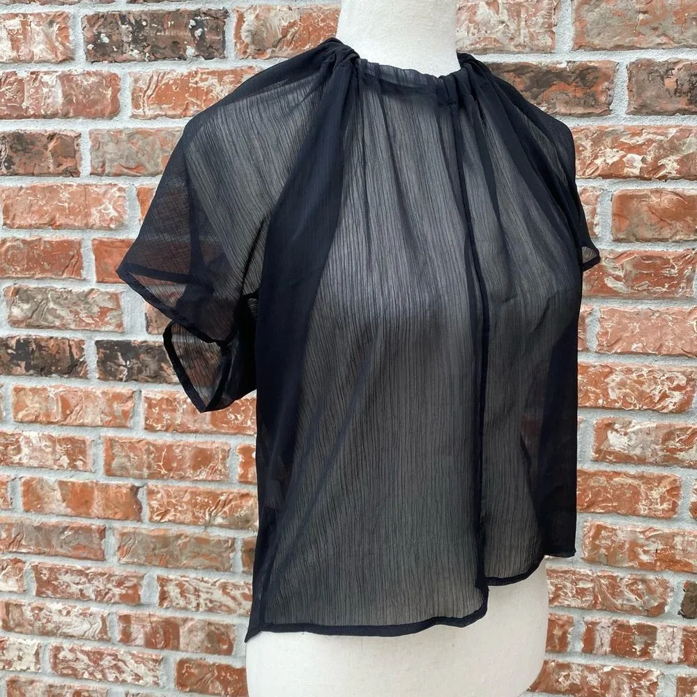 sheer black top with white sash-material bow / S / Excellent condition - Image 6
