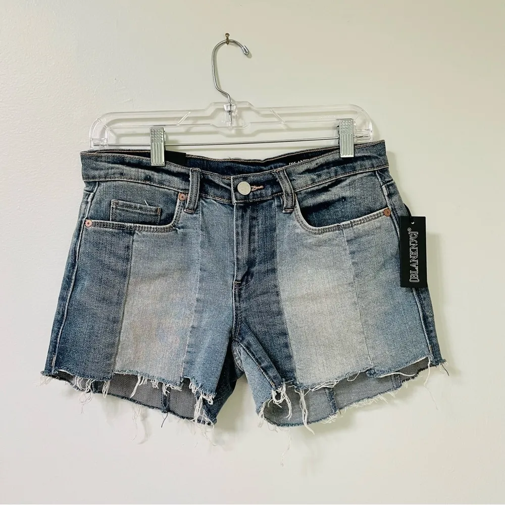 BlankNYC Essex Jean Shorts 27 NWT Midtown Madness Denim Paneled Patchwork Frayed - Image 3