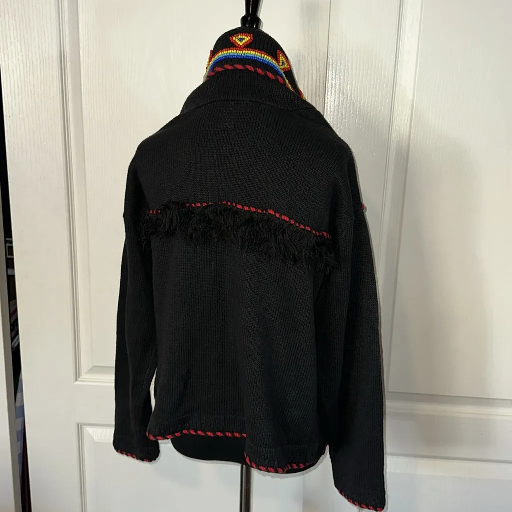 VTG NATIVE AMERICAN HAND BEADED COLORFUL GEOMETRIC CARDIGAN ARROWHEAD Black - Image 6