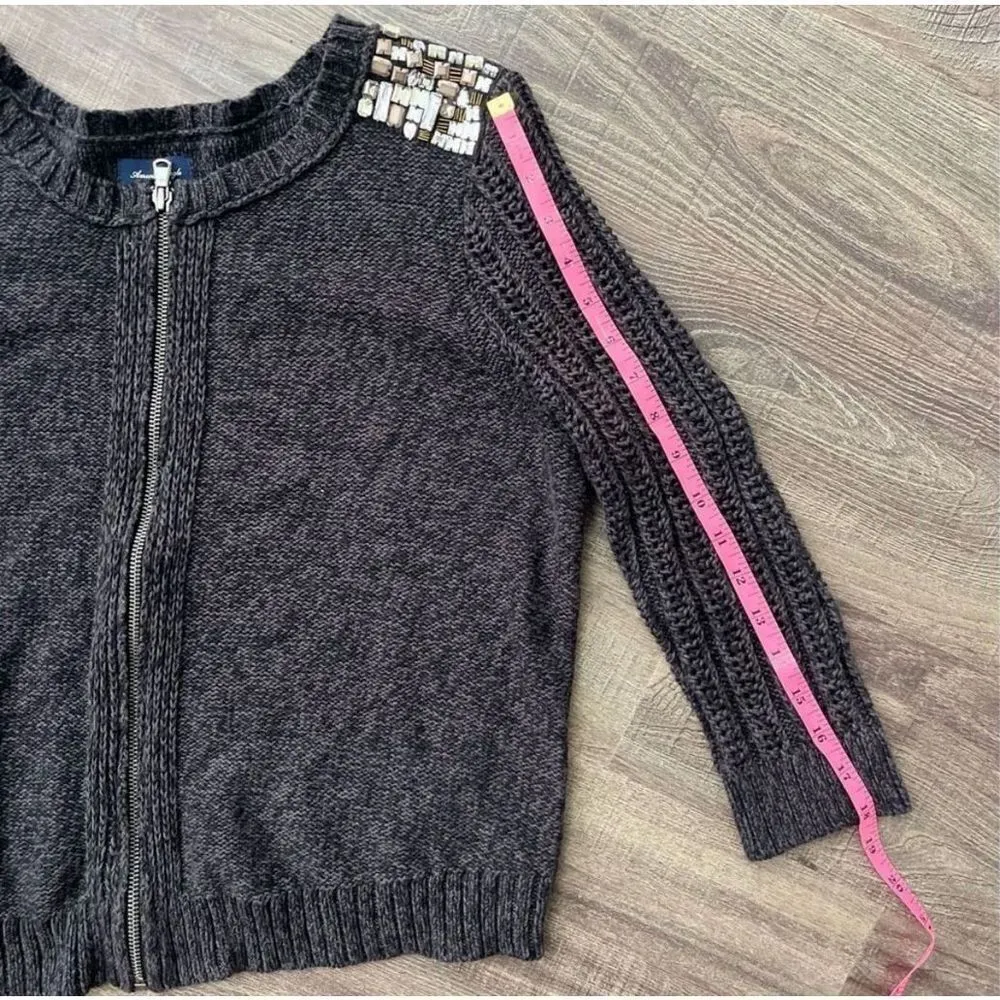 American Eagle Embellished Shoulder Zip Cardigan Sweater Sz S Women’s Grey - Image 14