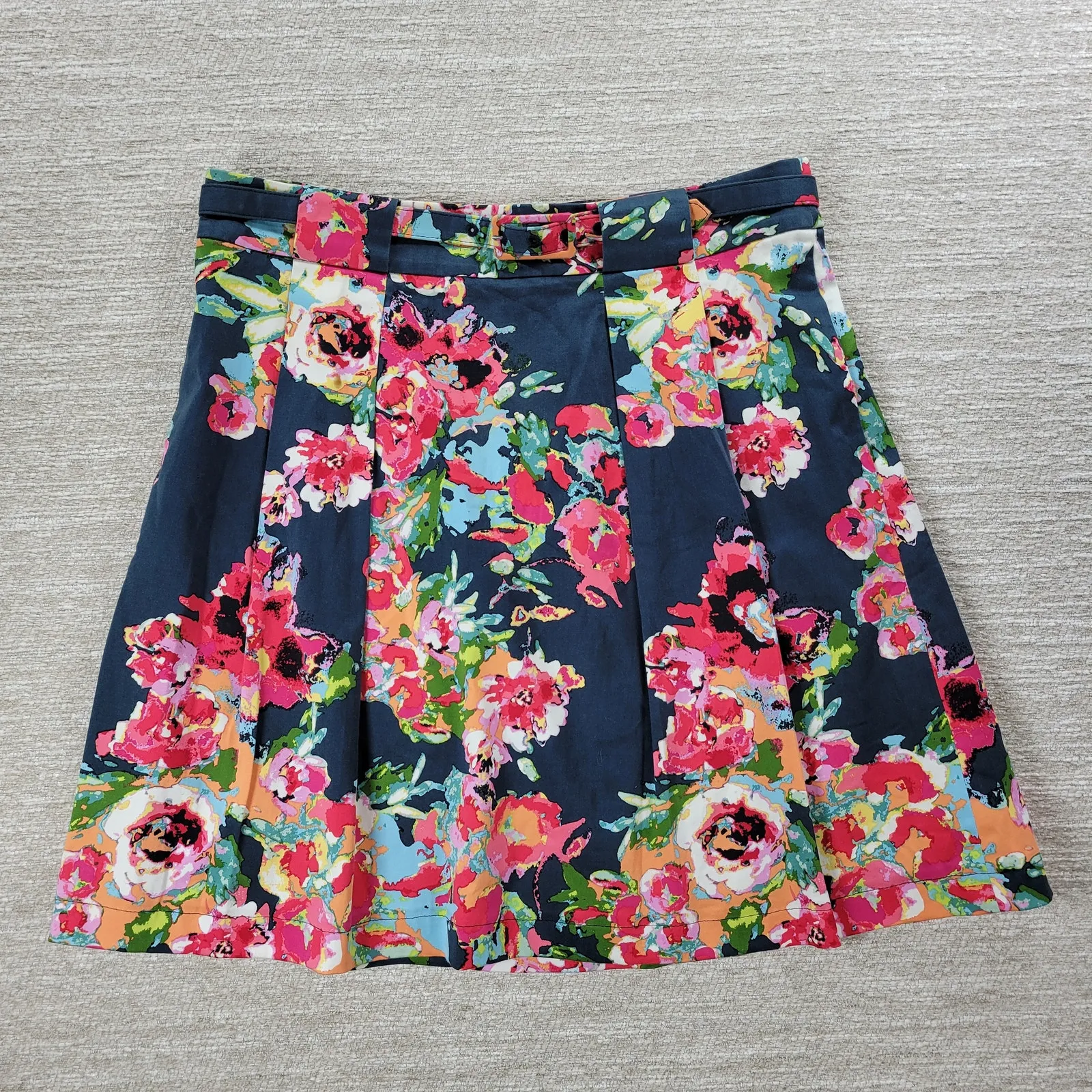 Adriana Papell Floral Mini Skirt Womens 10 Blue Pink Pleated Flared Belted - Image 9