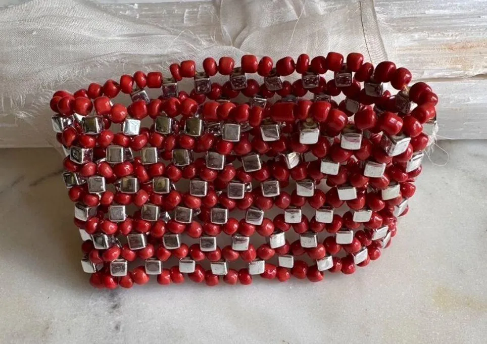 Coral Colored Beads and Silver Beaded Stretch Bracelet Multiple - Image 6