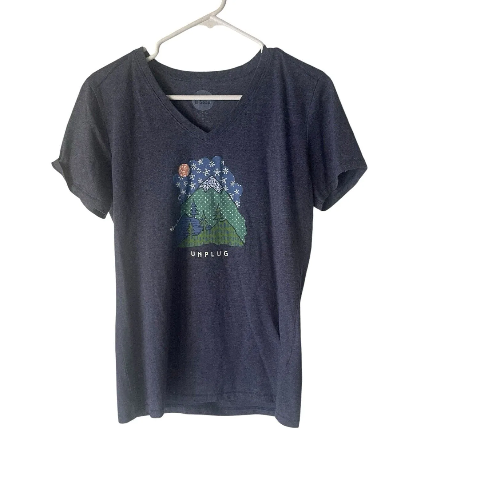 Life Is Good Women's Medium V Neck Blue Unplug Snow Mountains Outdoor T Shirt‎ - Image 2