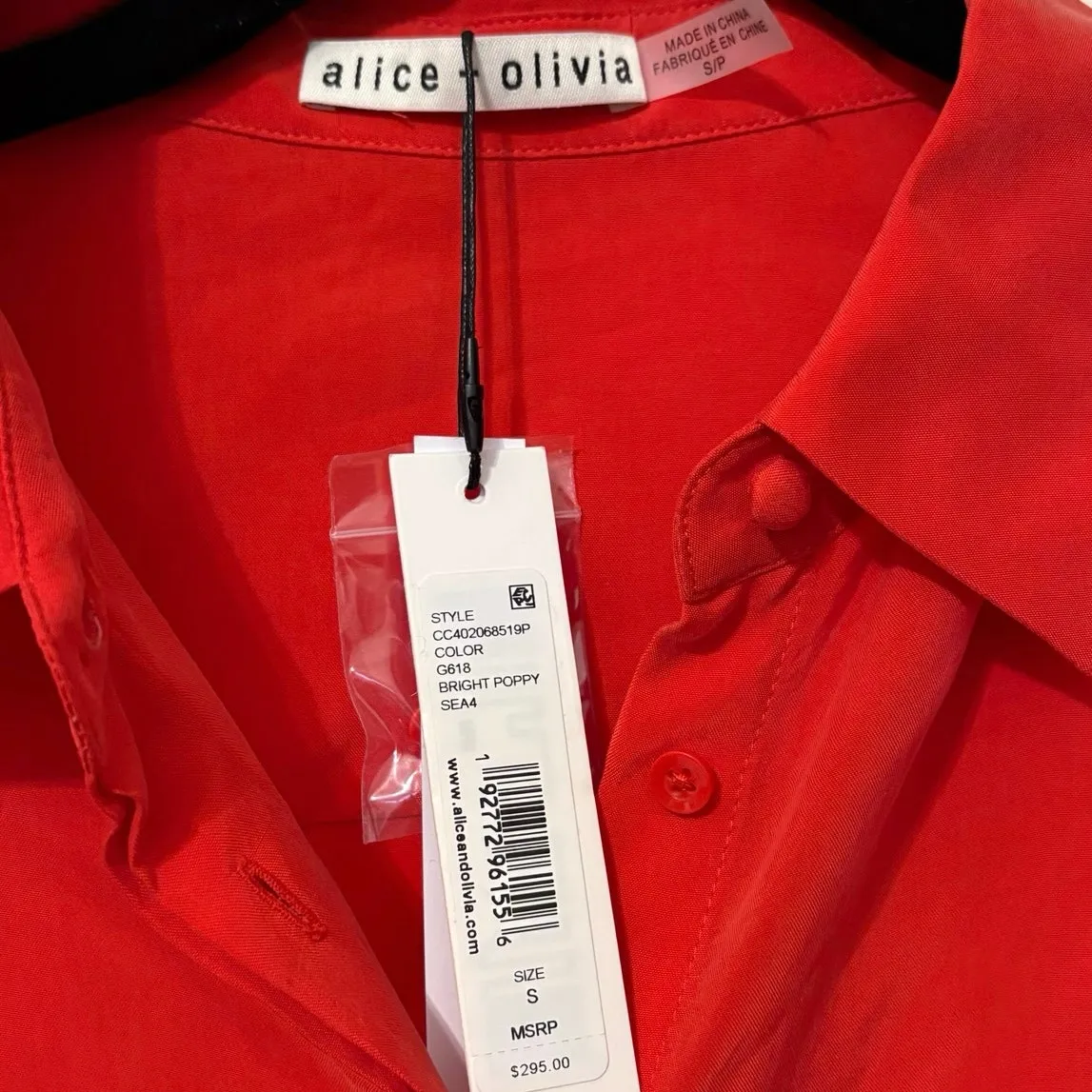 New Alice + Olivia Bright Poppy Red Jem Puff Sleeve Shirt Mini Dress Size Small - Image 4