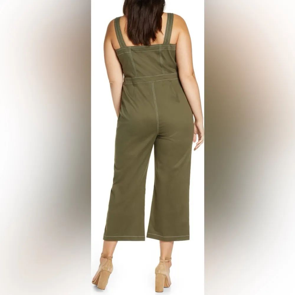 Chelsea28 Army Green Stitch Detail Canvas Sleeveless Button Up Jumpsuit Large - Image 2