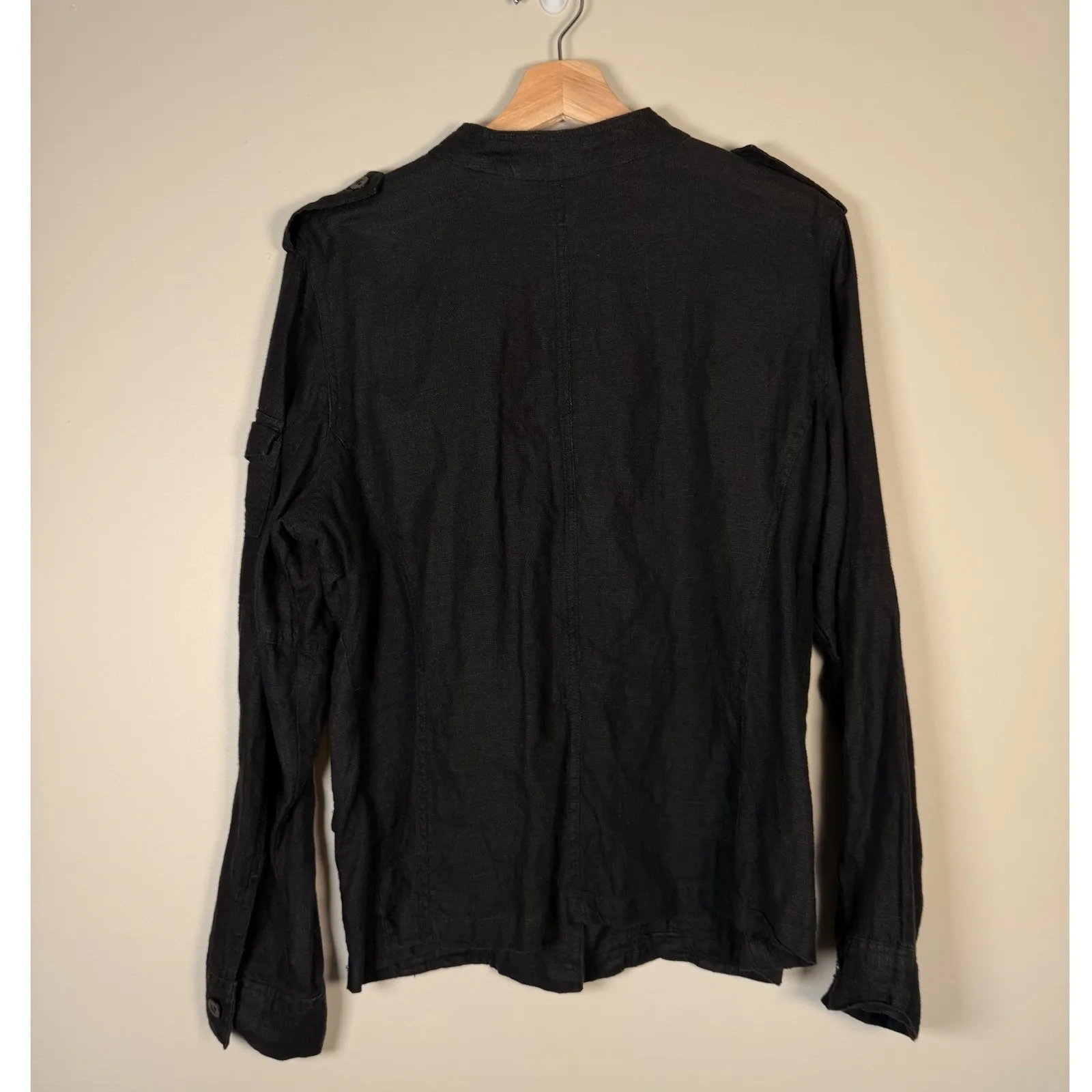 Oleg Cassini Women Black Linen Band Collar Military Style Jacket Size 14 Grunge‎ - Image 4