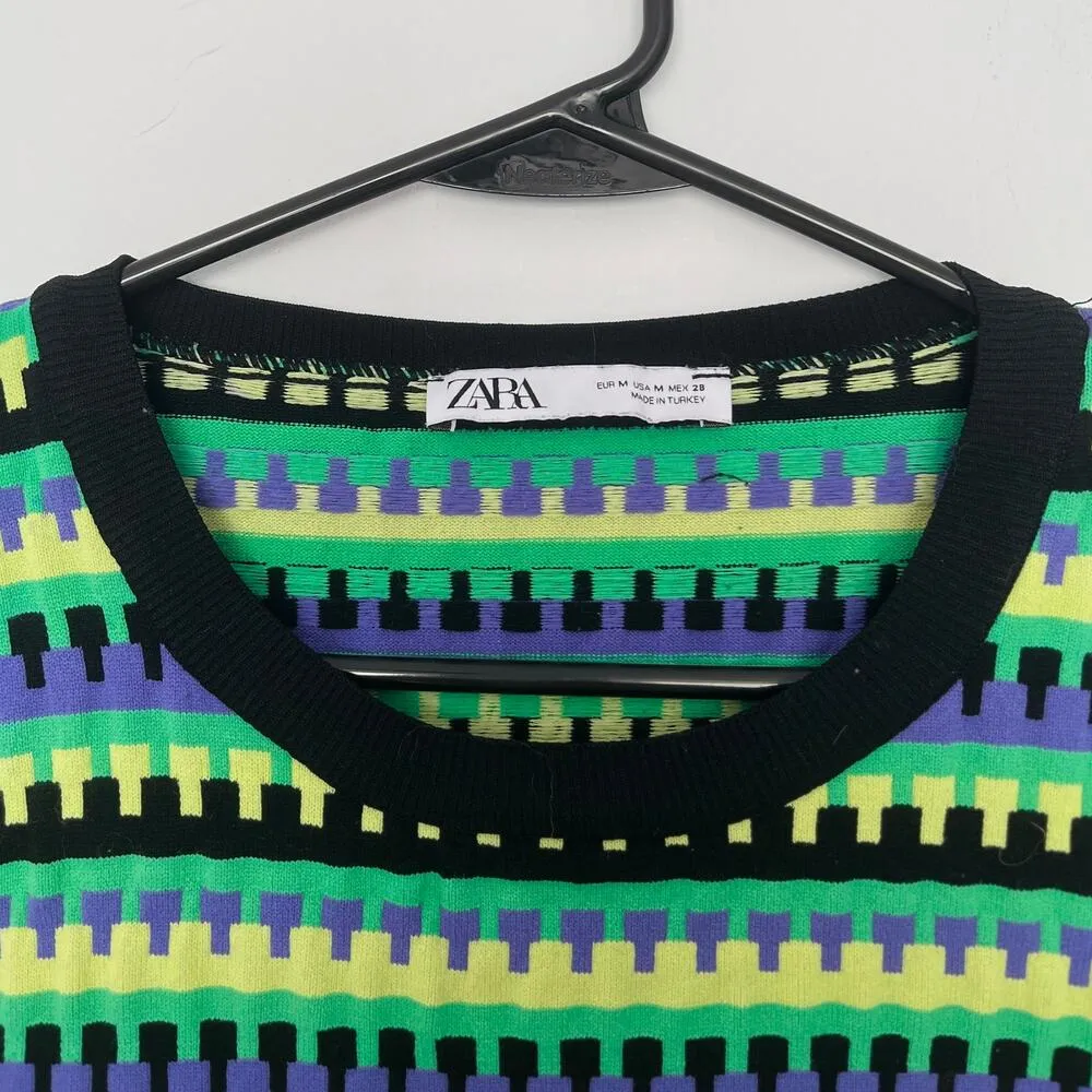 Zara Striped Cropped Sweater Green Black Purple Yellow Stripes sz M - Image 5
