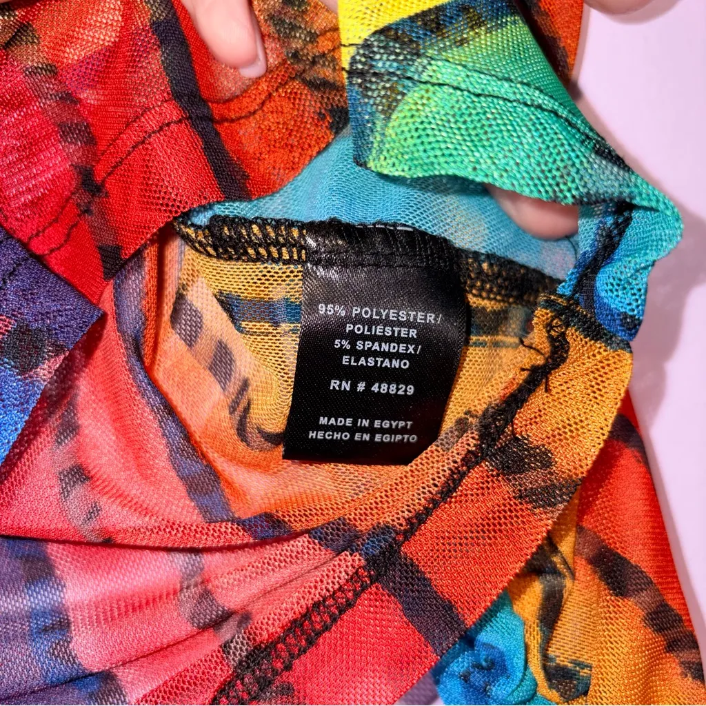 Love Mesh Sheer Rainbow Striped Crop Top Women L Festival Rave Maximalist Cinch Red Size L - Image 4