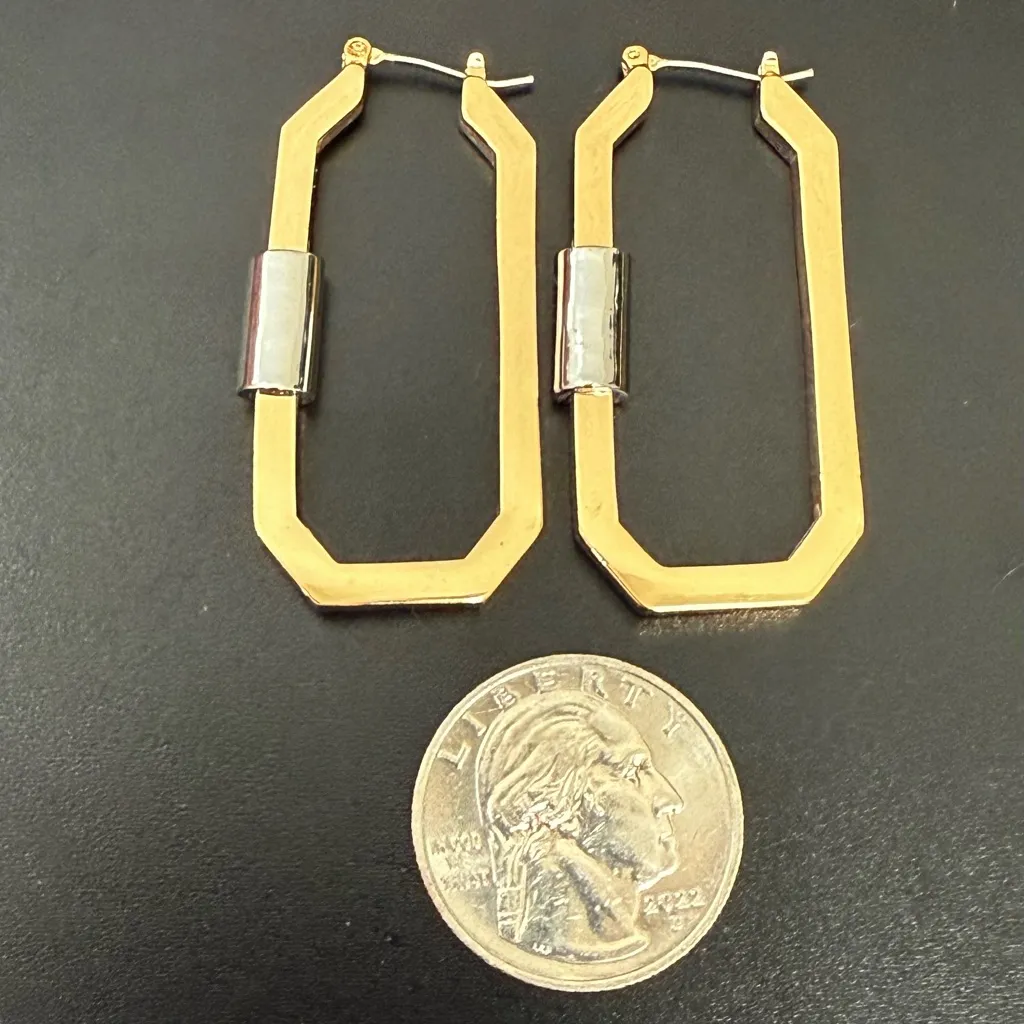 ALL SAINTS Hex Carabiner Gold & Silver-tone Hexagon Hoop Earrings 18.2g. - Image 9