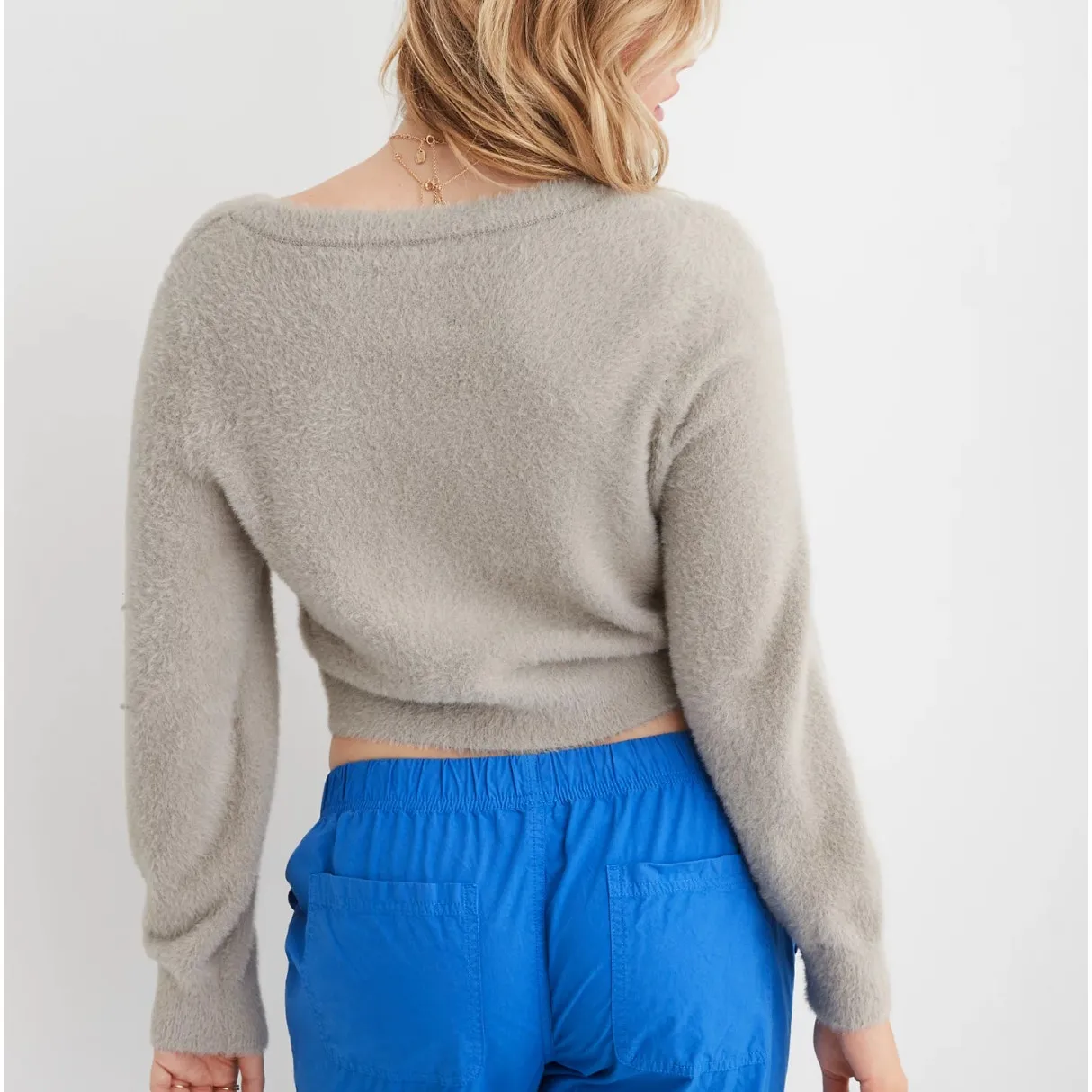 Aerie Fuzzy Cropped Cardigan Stone Deep V-Neck Button‎ Front Small Soft #2926 - Image 3