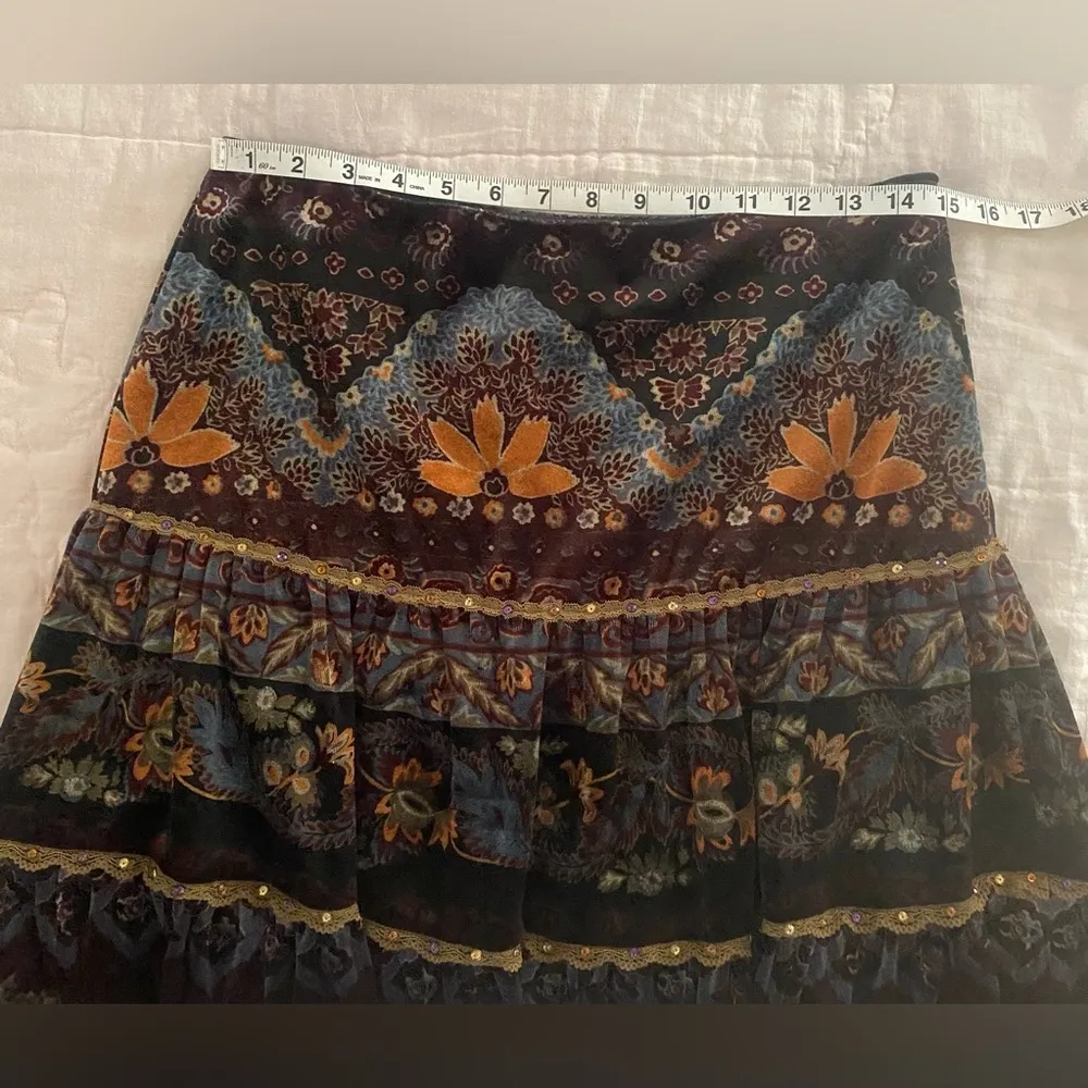 Vintage Y2K I.C.E. Boho Gypsy Witchy Tapestry Velour Tiered Peasant Midi Skirt 4 Black - Image 11