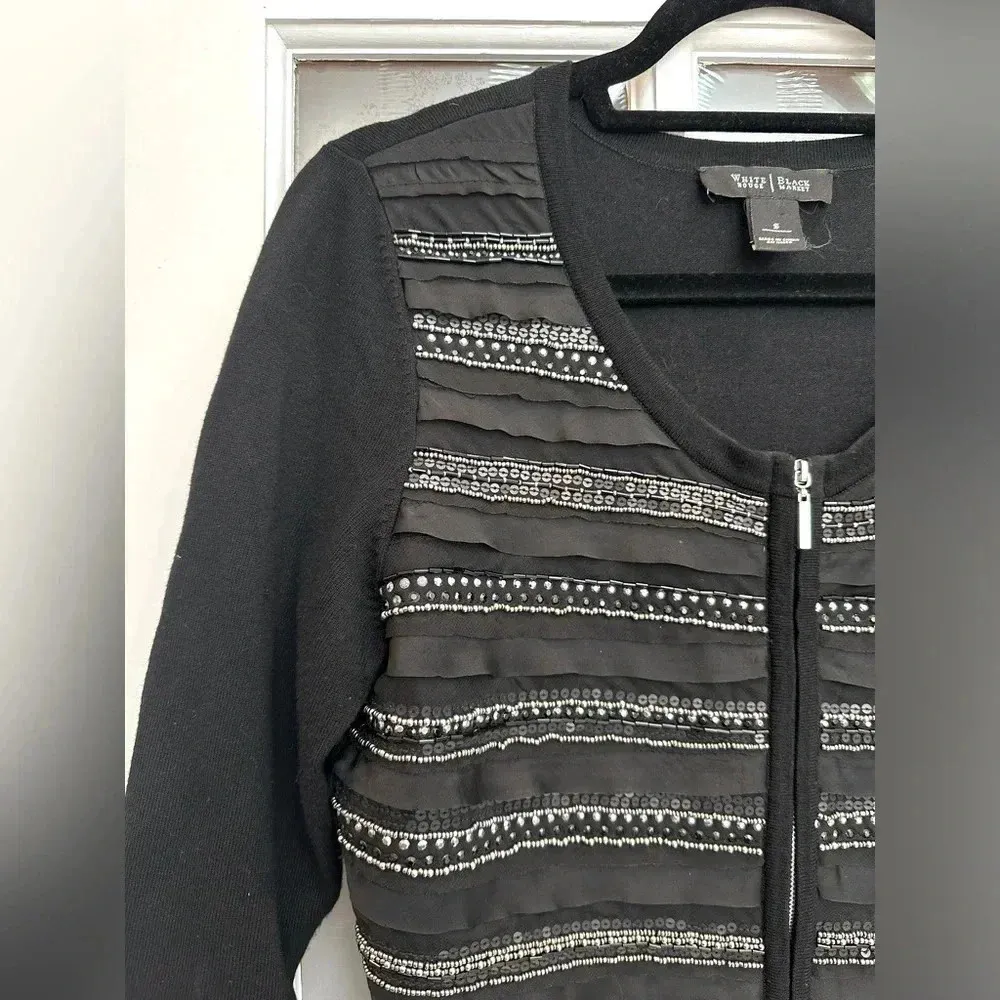 White House Black Market Embellished Scallopped Zip Up Cardigan Sweater Size S - Image 3