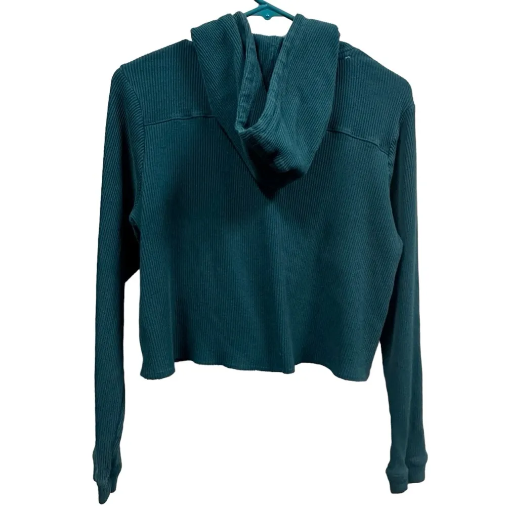 Hurley Ribbed Turquoise Long Sleeve Hooded Cropped Shirt Kangaroo Pocket Medium - Image 6