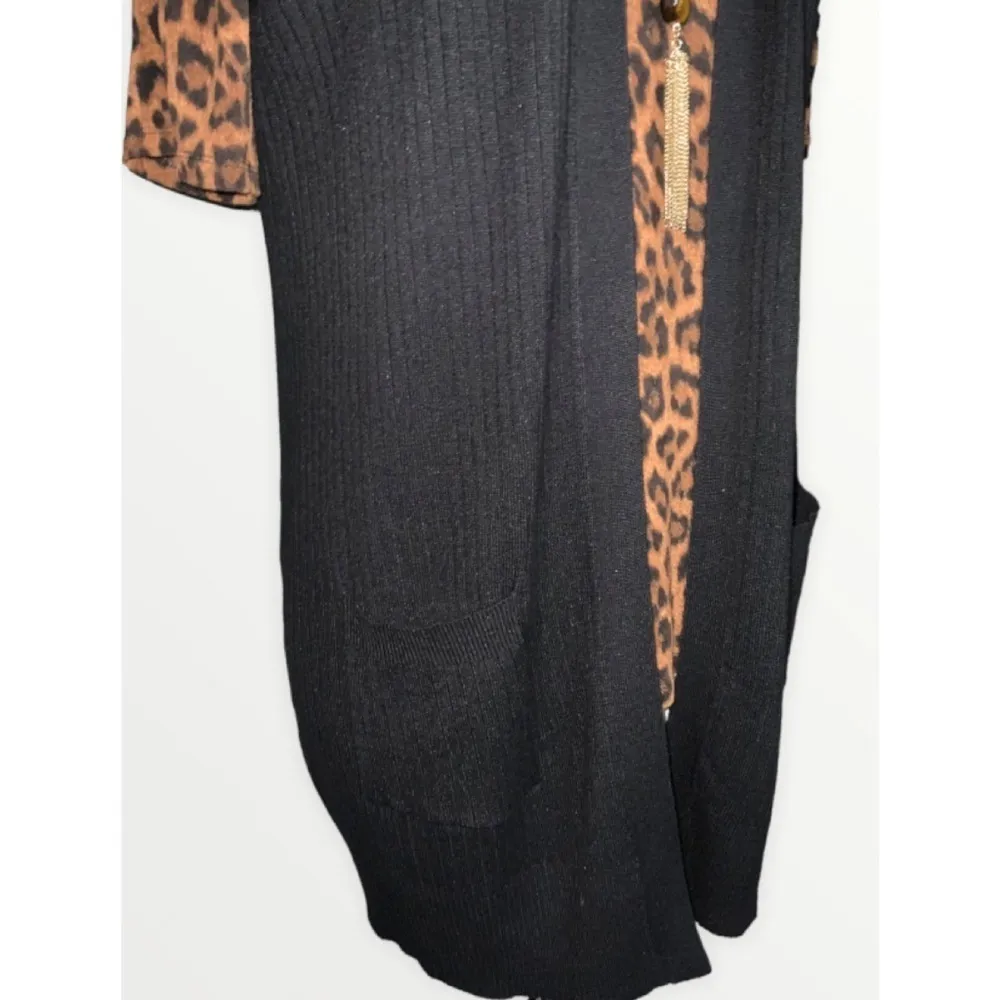 Michael Kors Leopard Short Sleeve Knit Top Spense Black Ribbed Knit Long Vest L Size L - Image 8