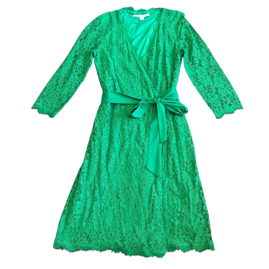 Diane Von Furstenberg DVF Julianna Lace Wrap Dress Green 3/4 Sleeve Size 10 - Image 3