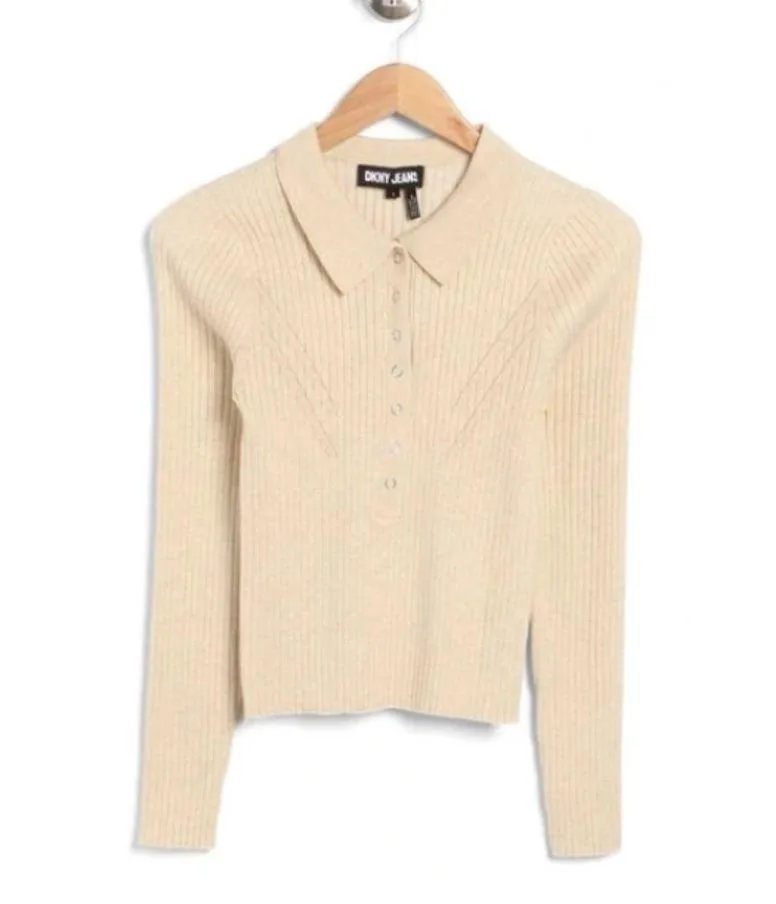 Rib Knit Polo Sweater Medium Heather Vanilla Ivory Cream NEW - Image 3