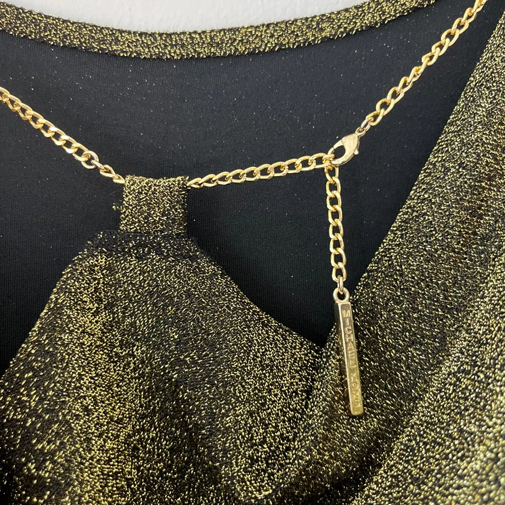 Michael Kors Sz M Black Gold Metallic Stretch Midi Dress Back Chain Long Sleeve - Image 5