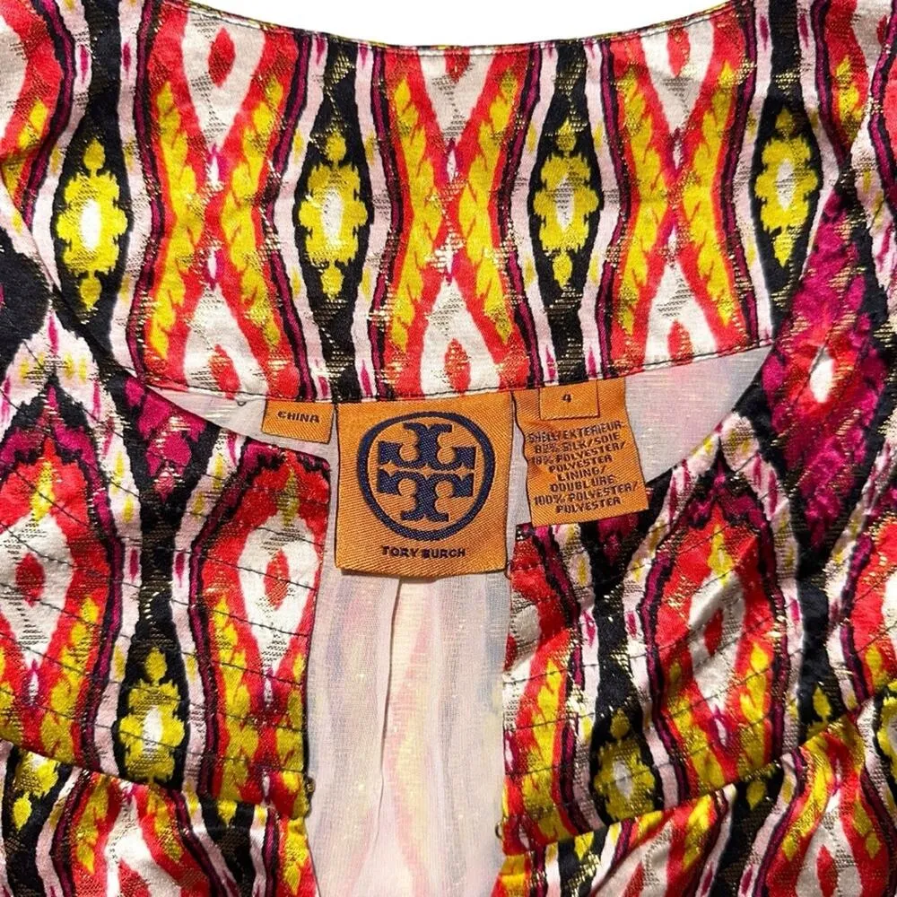 Tory Burch Ikat Print Silk Blend Metallic Sleeveless Top 4 - Image 3