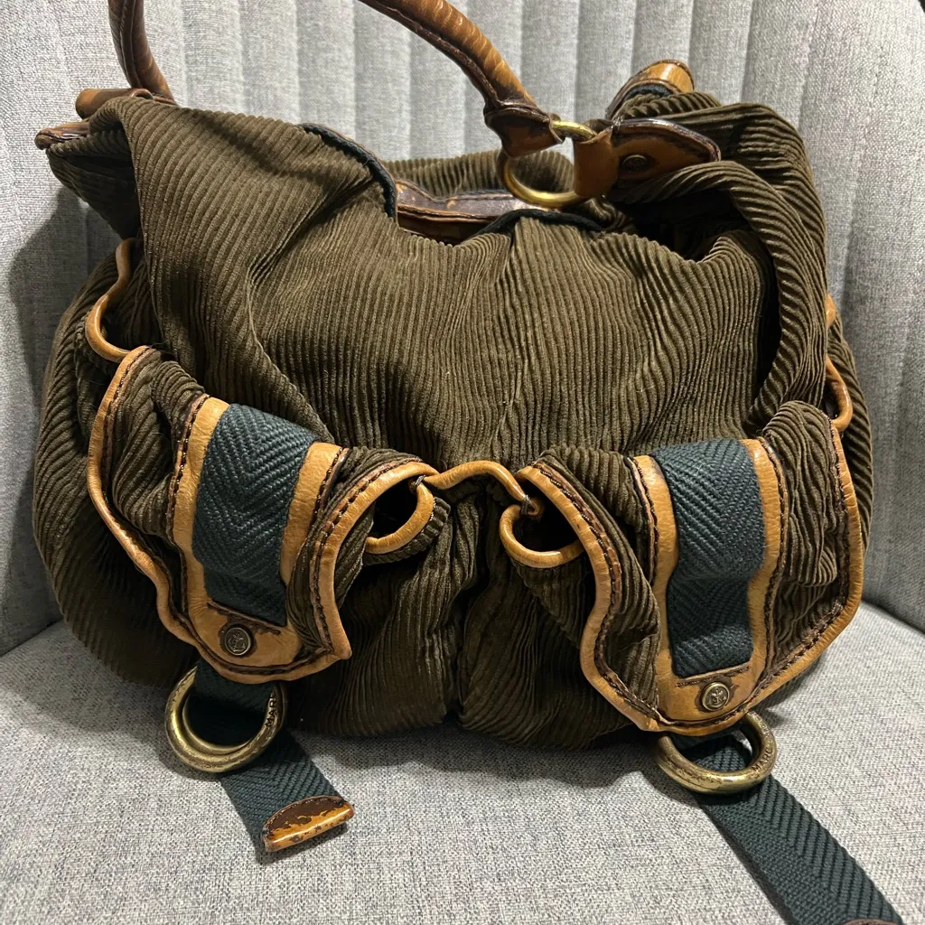 Marc by Marc Jacobs Corduroy Shoulder Bag Satchel Brown Green Leather Trim - Image 1