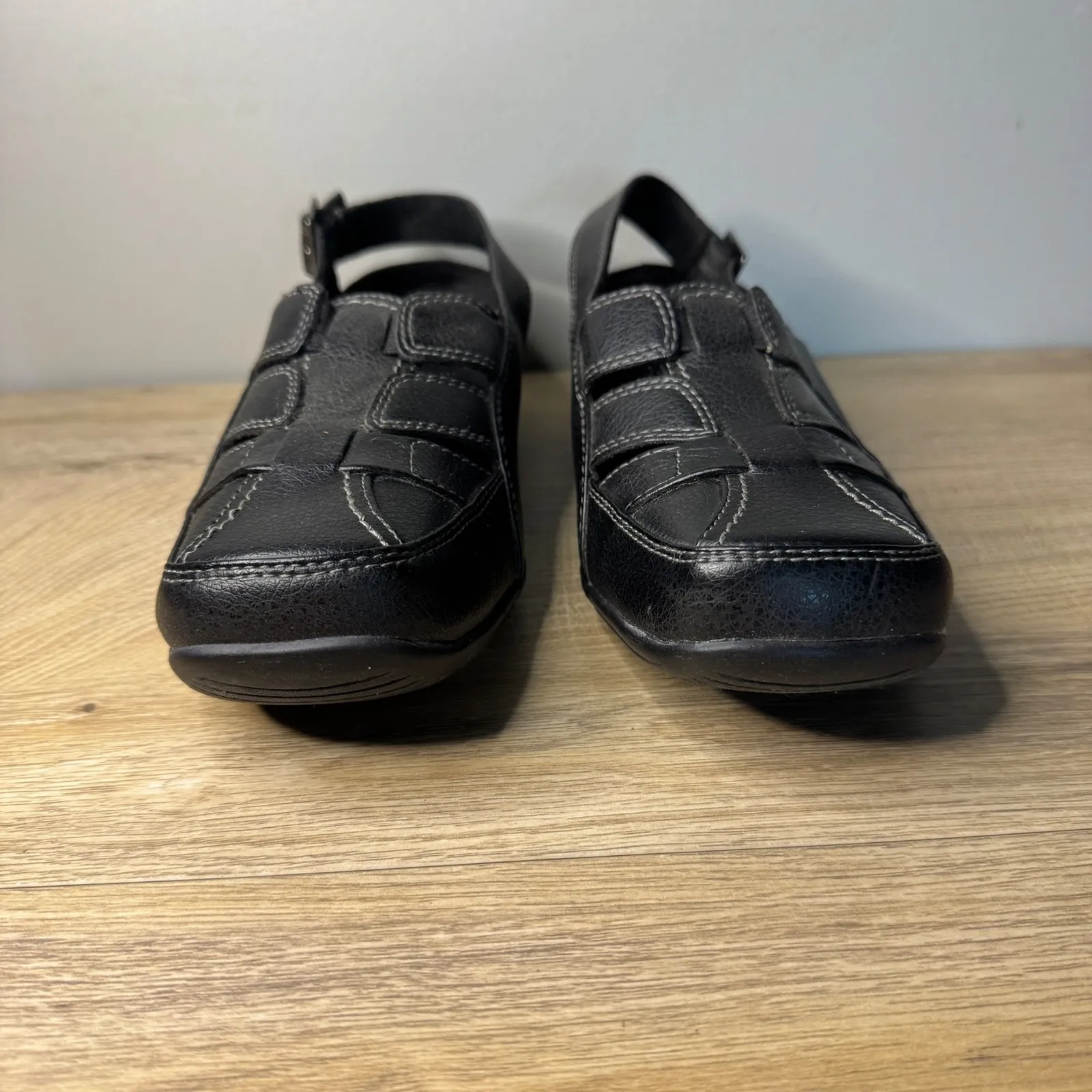 Easy Street Sandals Comfort Wave Black Leather Fisherman Slingback Womens 8W - Image 3