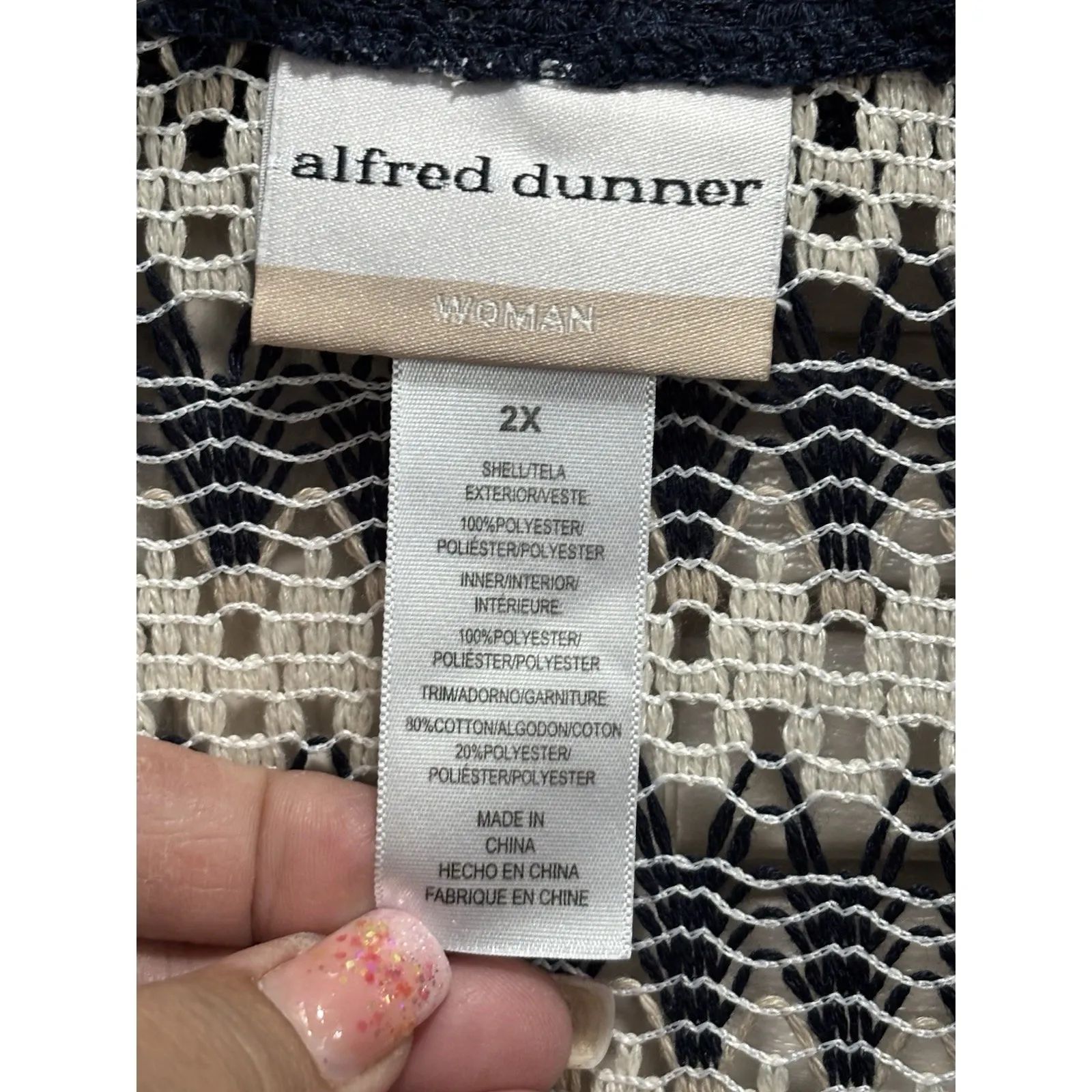 Alfred Dunner Crochet Open Navy/Cream Striped Cardigan Size 2XL 3/4 Sleeve - Image 2